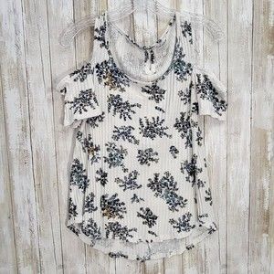 Lucky Brand Womens Cut Out  Sleeves White Floral T Shirt Sz M